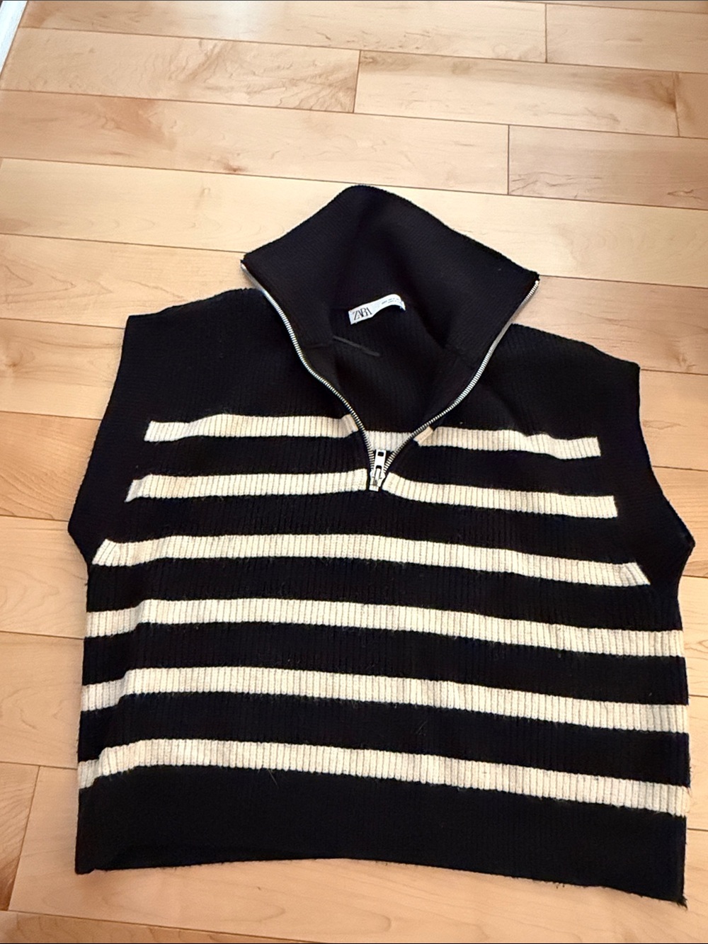 Zara Black & Cream Striped Half-Zip Sweater Vest